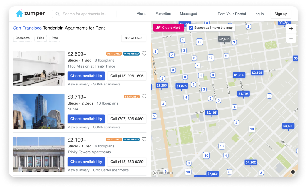 Map with apartment listings