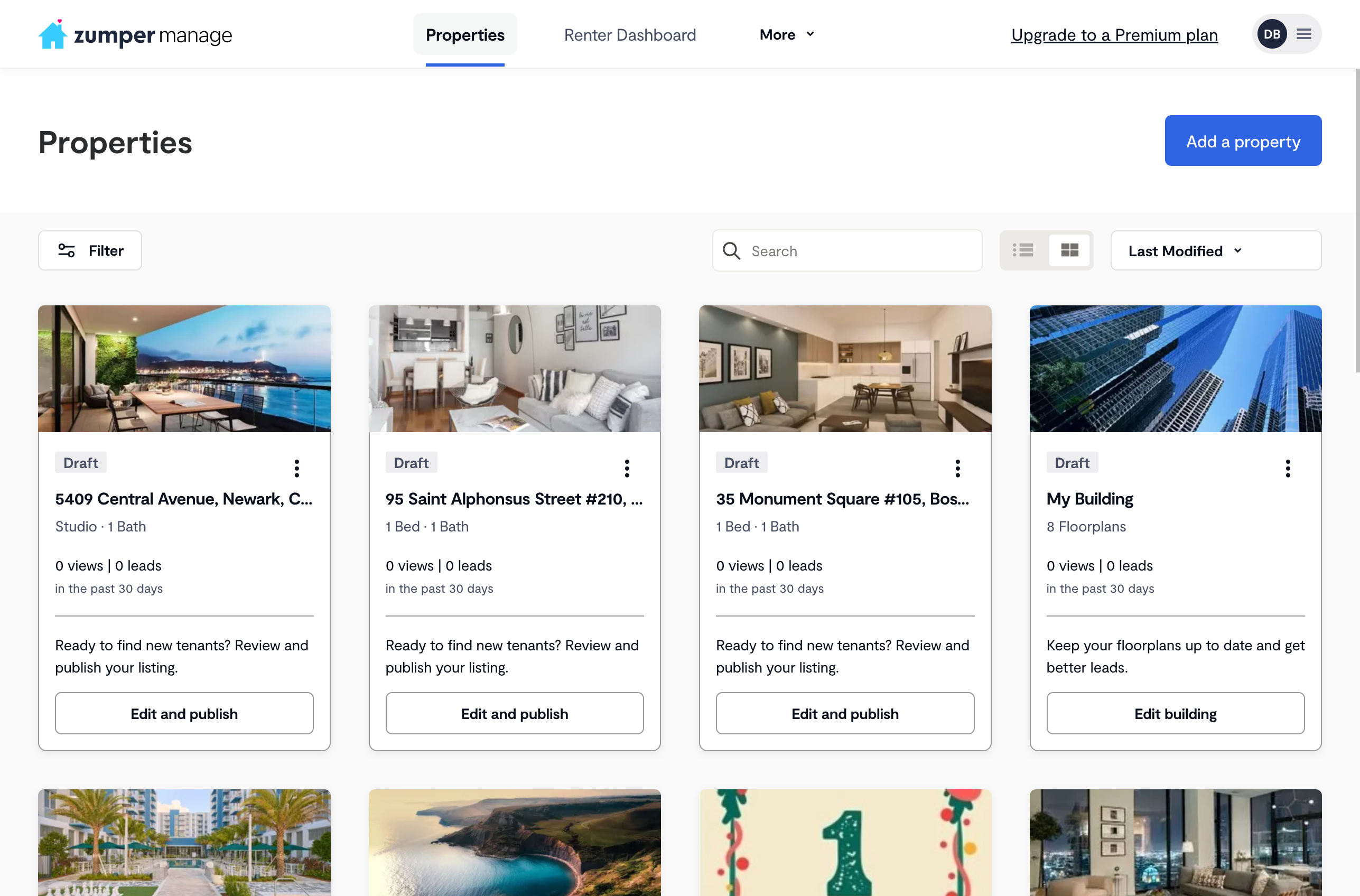 The Zumper Manage dashboard showing a landlord’s property listings