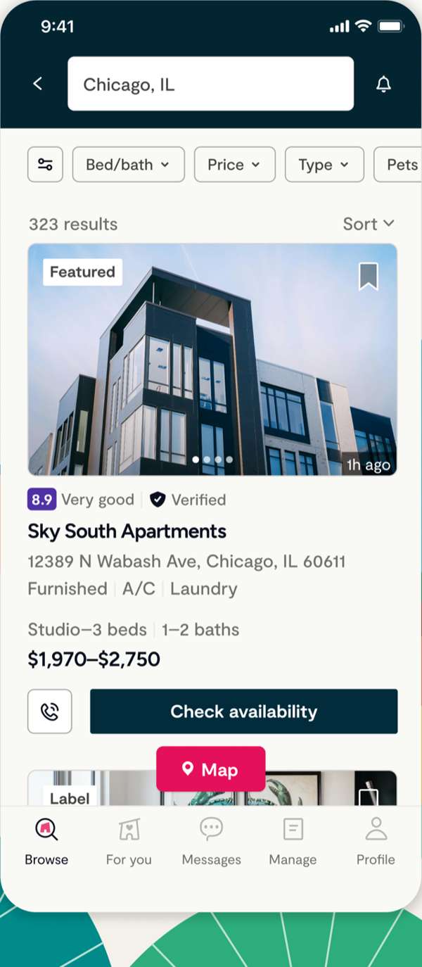 The Zumper app showing apartment search results for Chicago, IL