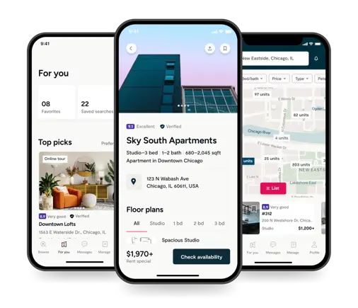 The Zumper app showing an apartment listing detail with beds, baths, square footage, and floor plans